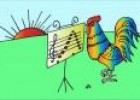 Il·lustració: gall llegint una partitura musical mentre surt el sol | Recurso educativo 19837